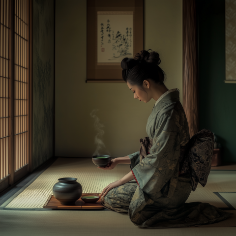 Traditional Japanese Tea Ceremony in Tatami Room