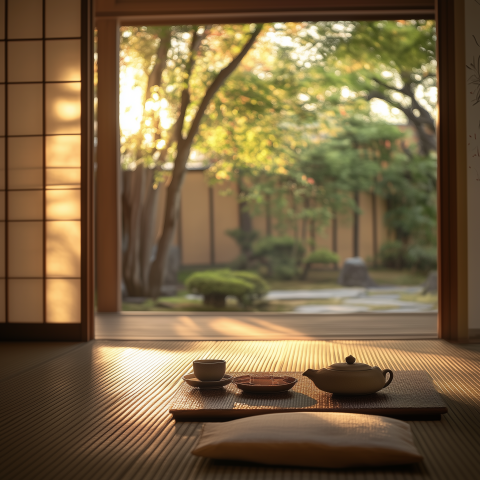 Traditional Japanese Tea Setting with Garden View