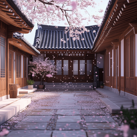Traditional Korean Courtyard with Blossoming Trees