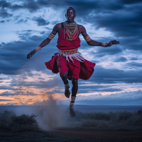 Traditional Maasai Warrior Jumping at Dusk