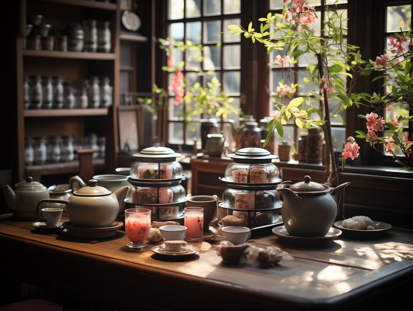 Traditional Tea Set by Window With Blossoms