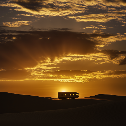 Train Crossing Desert at Dramatic Sunset