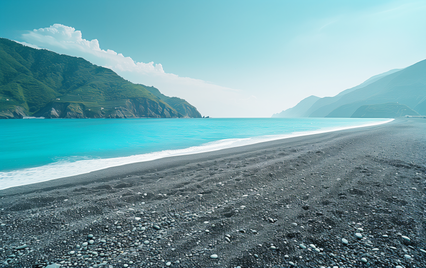 Tranquil Black Sand Beach with Turquoise Waters