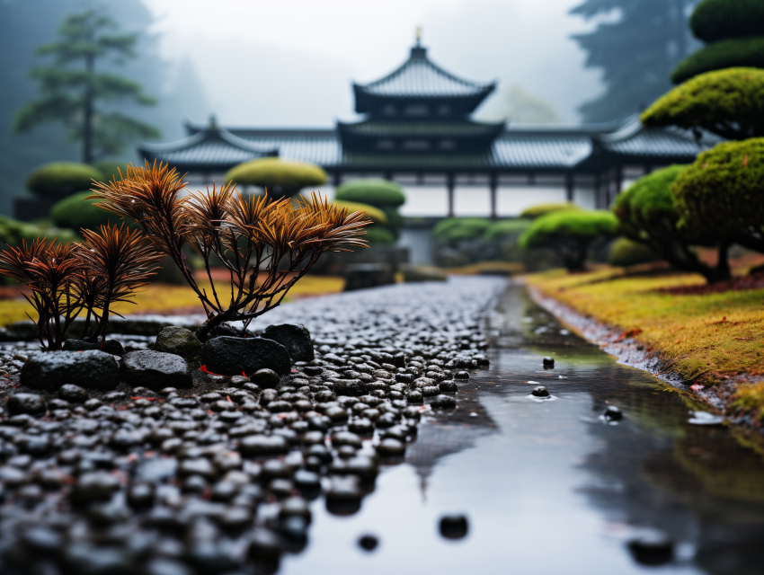 Tranquil Japanese Garden Path in Rain