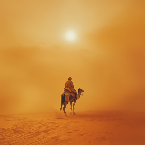 Traveler Riding Camel Through Desert Haze