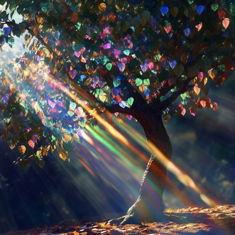 Tree with Rainbow-Colored Leaves in Sunlight