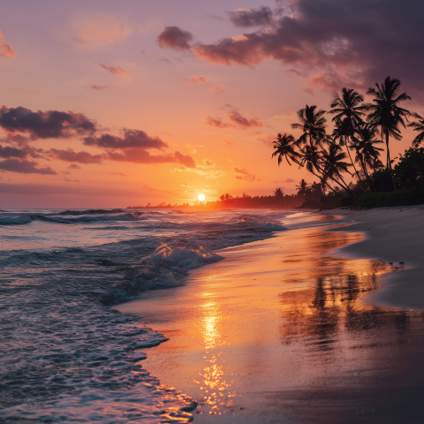 Tropical Sunset on the Beach with Palm Trees