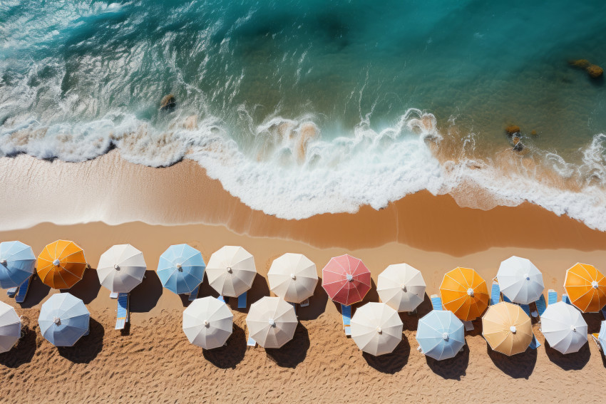 Tropical beach with colorful umbrellas