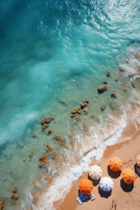 Tropical beach with colorful umbrellas
