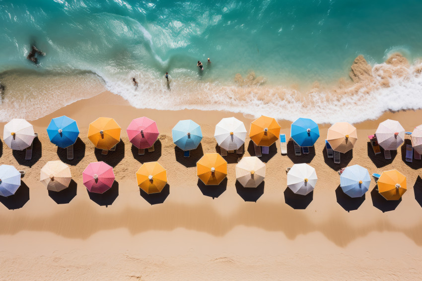 Tropical beach with colorful umbrellas