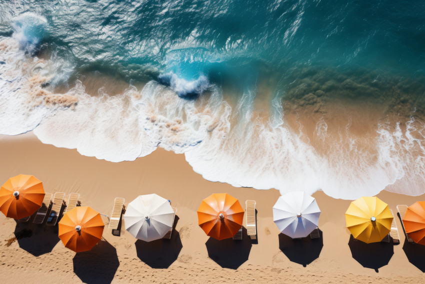 Tropical beach with colorful umbrellas