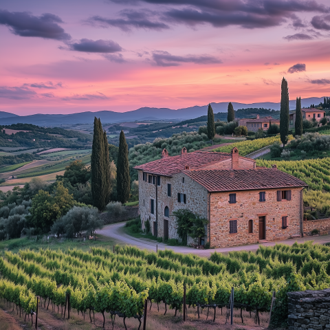 Tuscan Farmhouse in Vineyard at Sunset