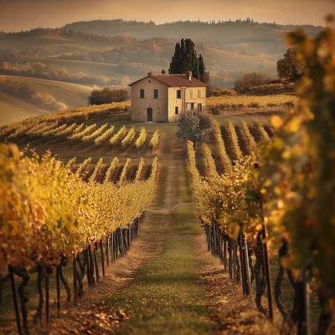 Tuscan Vineyard House at Sunset