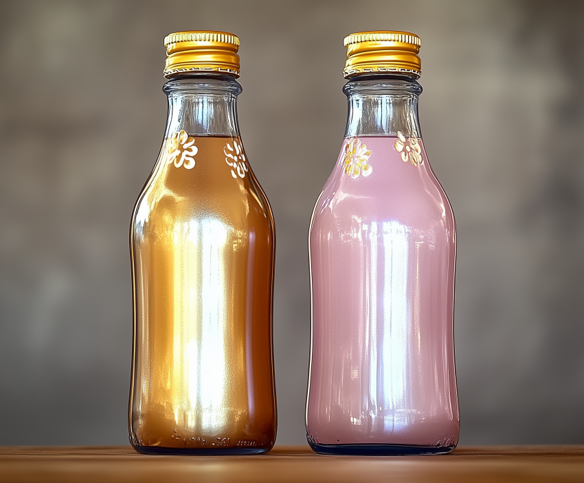 Two Decorative Bottles with Gold Caps