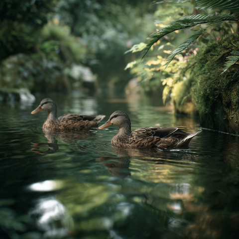 Two Ducks Swimming in Woodland Pond