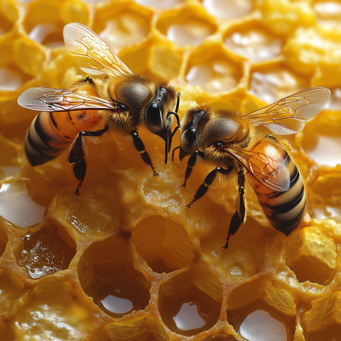 Two Honeybees on Honeycomb in Close-up