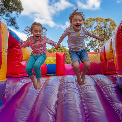 Two Kids Jumping in Outdoor Bounce House