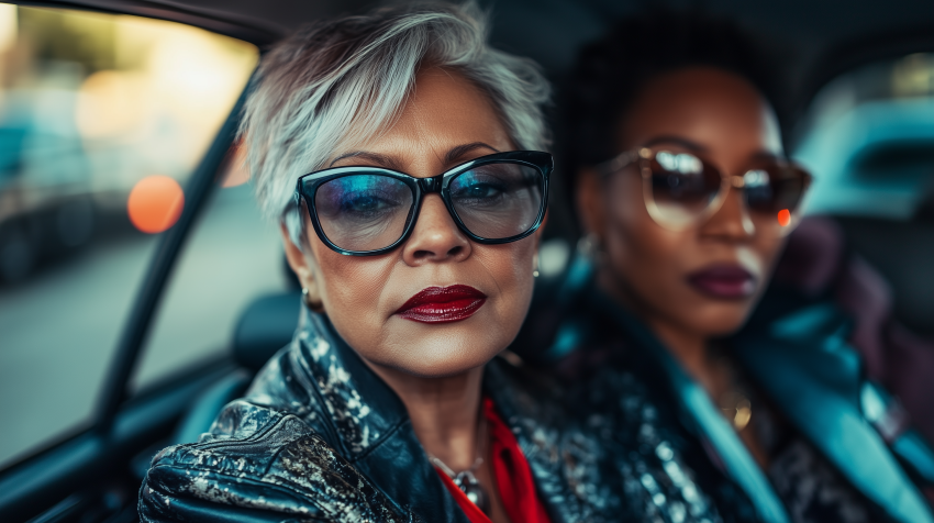 Two Stylish Women in a Car with Sunglasses