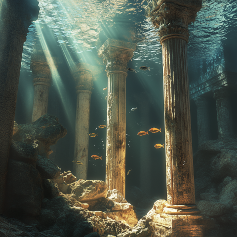 Underwater Ancient Columns with Golden Fish