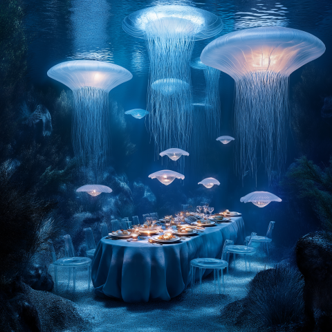 Underwater Banquet with Glowing Jellyfish Lights