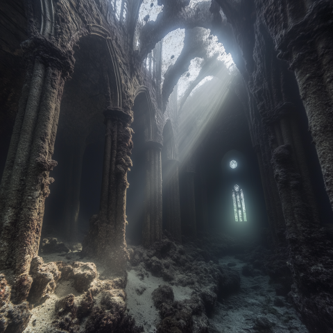 Underwater Cathedral Ruins with Sunlight Rays