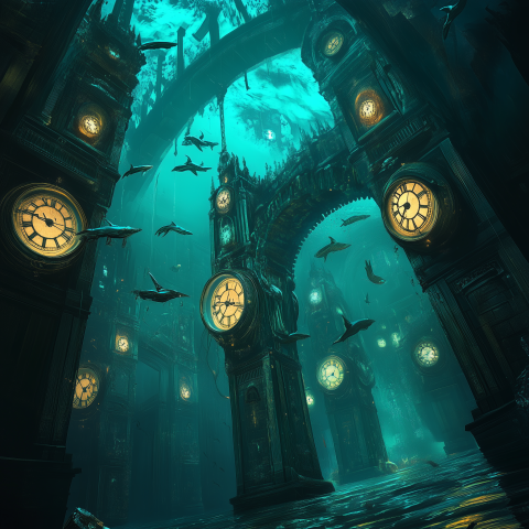 Underwater Clock Towers and Swimming Fish