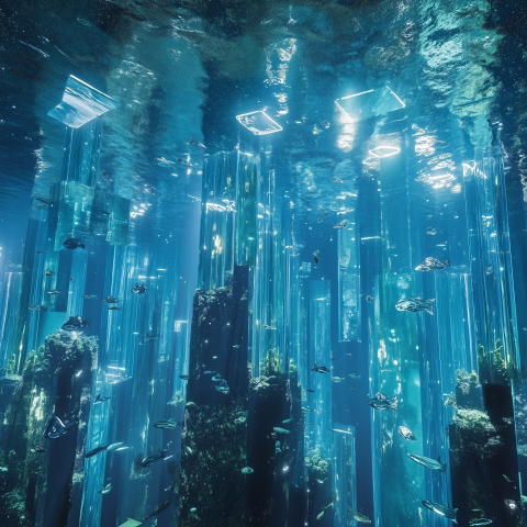 Underwater Crystal Towers With Swimming Fish