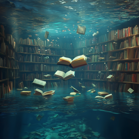 Underwater Library with Floating Books