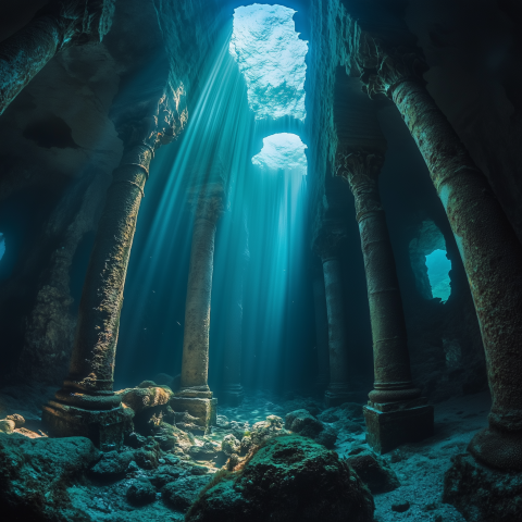 Underwater Ruins Lit by Sunbeams