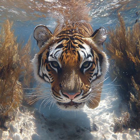 Underwater Tiger Swimming Through Seaweed