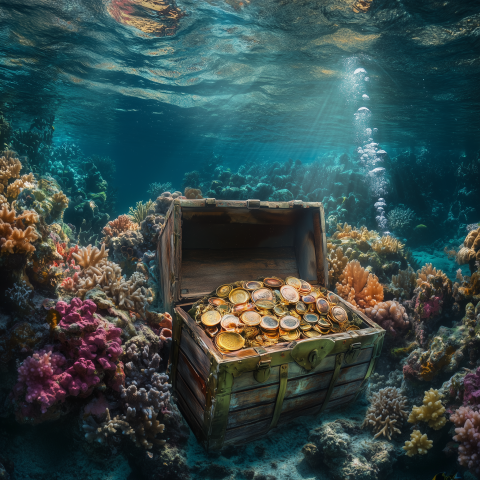 Underwater Treasure Chest Among Coral Reefs