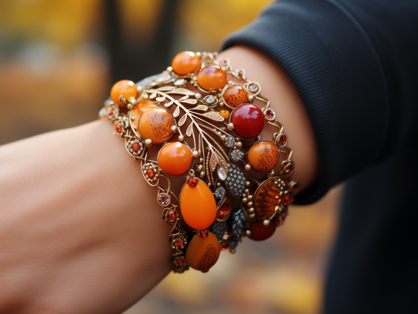 Elegant Autumn-Themed Beaded Bracelet on Wrist