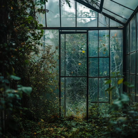 Abandoned greenhouse with shattered glass
