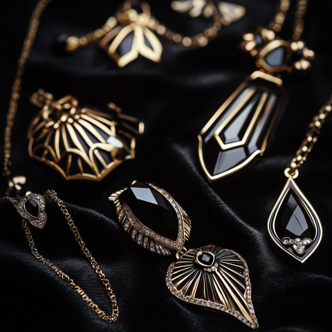 unreal image builder Art deco inspired jewelry set on black vel