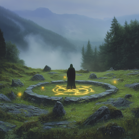 Celtic druid ritual in stone circle glowin
