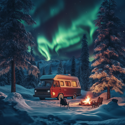 unreal image builder cozy camper van under Northern Lights snow