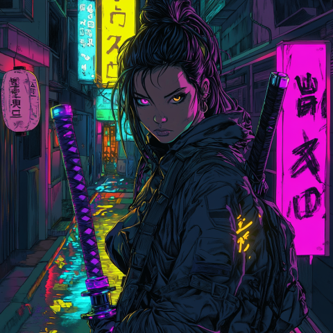 unreal image builder cyberpunk samurai girl neon lit alley deta