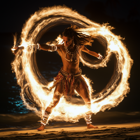 unreal image builder Fire dancer performing on beach at night l