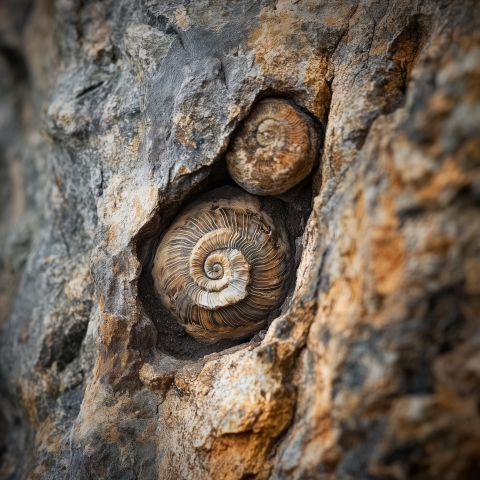 Fossilized ammonite embedded in rocky clif