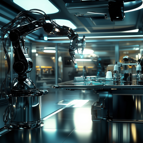 unreal image builder Futuristic AI laboratory sleek chrome surf