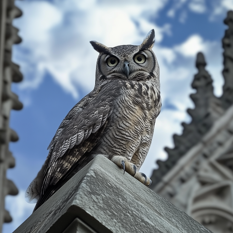 unreal image builder giant owl roosting on gothic library roof