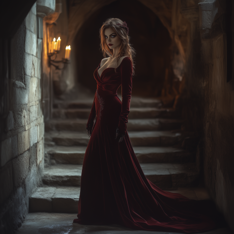 unreal image builder Gothic vampire queen in candlelit stone ha