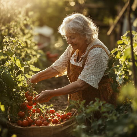 unreal image builder Happy elderly woman harvesting tomatoes in
