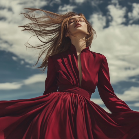 Woman in Flowing Red Dress under Dramatic Sky