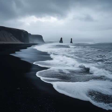 unreal image builder Icelandic black sand beach with crashing w