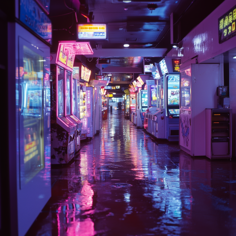 unreal image builder neon lit 1980s arcade in Tokyo reflections