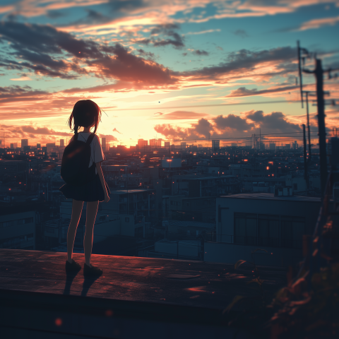 unreal image builder retro 90s anime style school rooftop scene