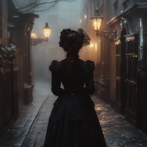 unreal image builder Victorian lady in mourning attire foggy Lo