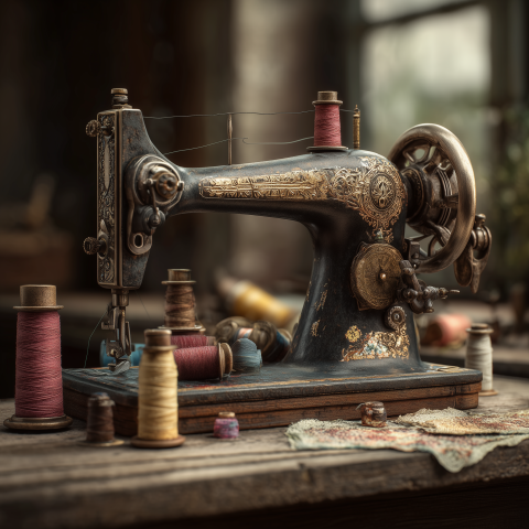 Antique Sewing Machine with Colorful Threads