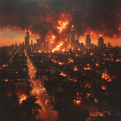 Urban Apocalypse with City Engulfed in Flames